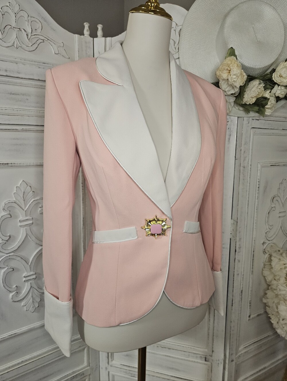 Miss Rosier Pink White Claretta Colour Block Blazer